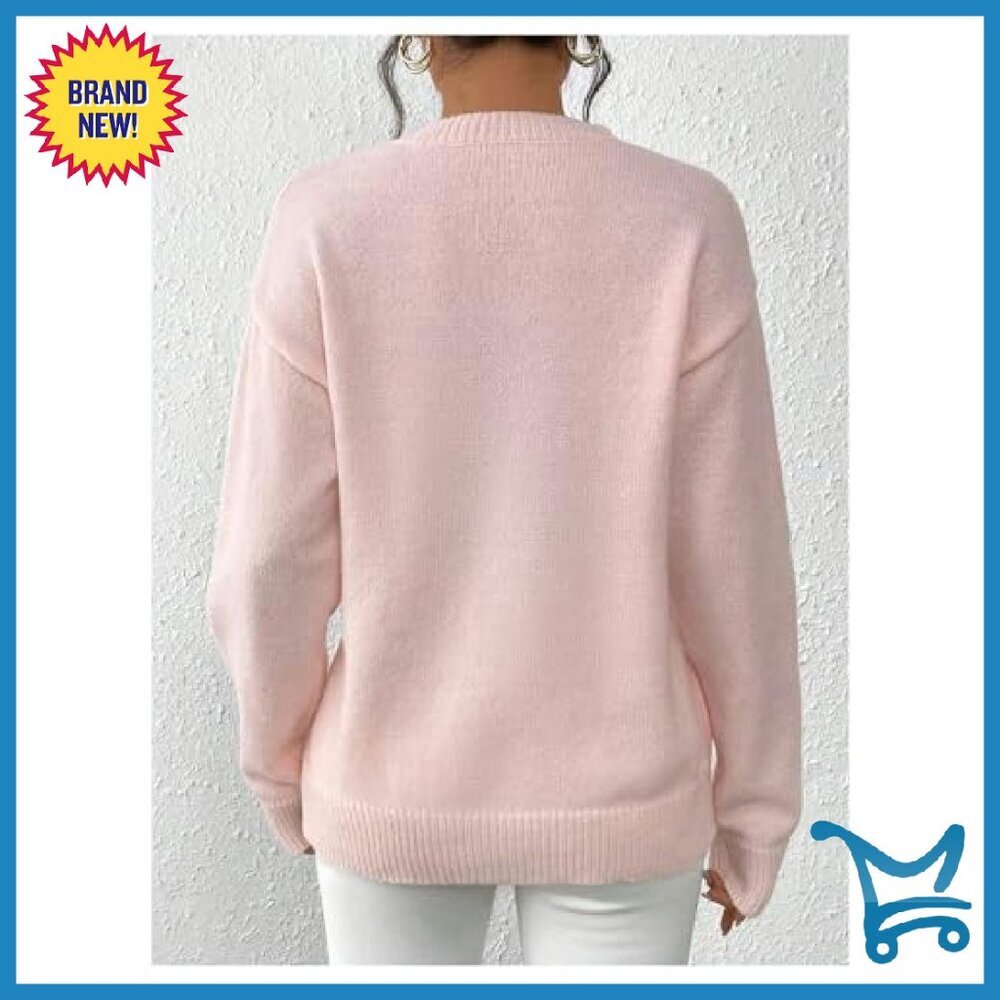 Sequin Bow Sweater Drop Shoulder Pullover Knit Top Loose Fit - Picture 3 of 6
